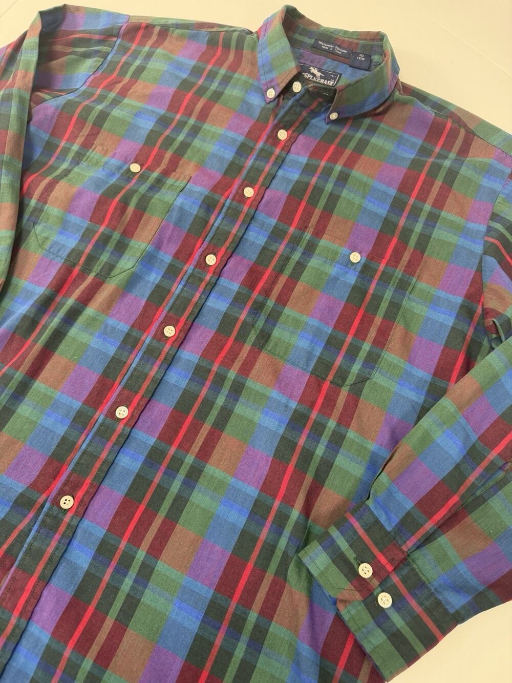 Men’s Vintage Size Large 80S/90S Steeplechase Multi ColorPlaid Button-Down Shirt